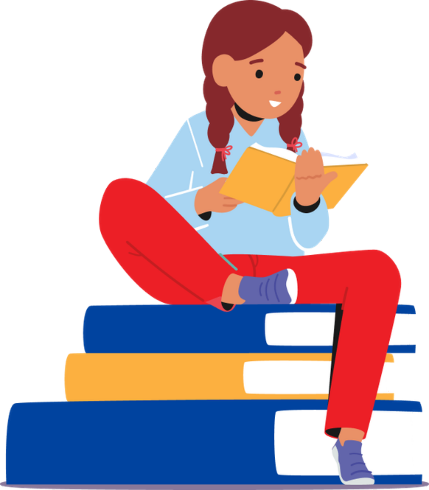 A girl reading while seated on a stack of books.